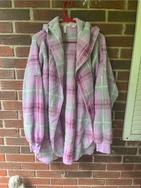 Cozy Hooded Sherpa Robe - Lavender Plaid